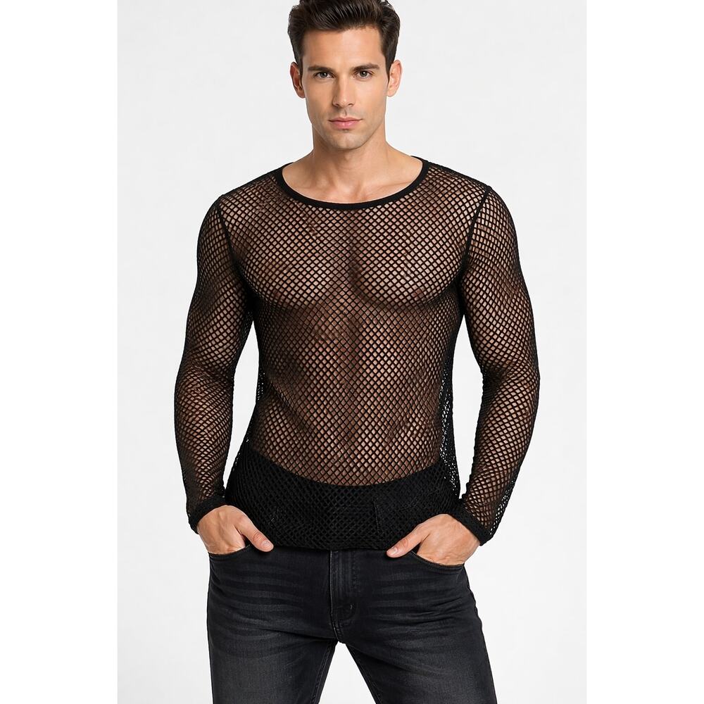 Coofandy Black Long Sleeve Sheer Fishnet Top Long – Men’s Small – NWOT
